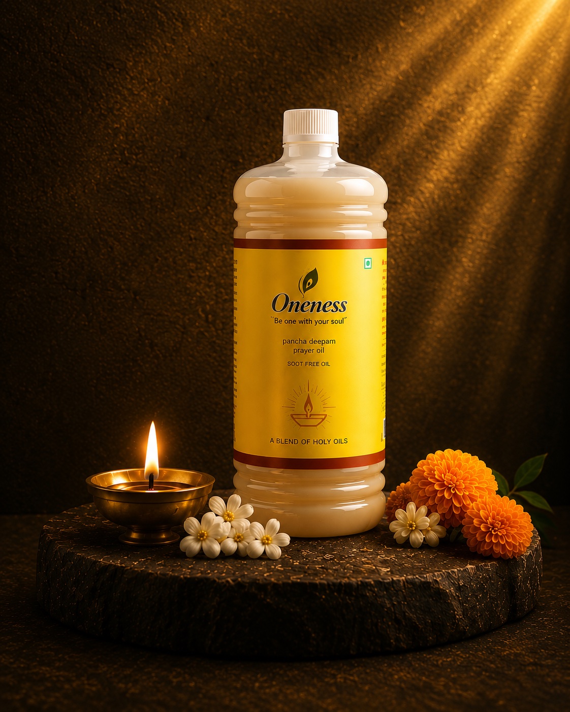 Oneness Pancha Deepam clean-burning prayer oil bottle beside a lit brass diya