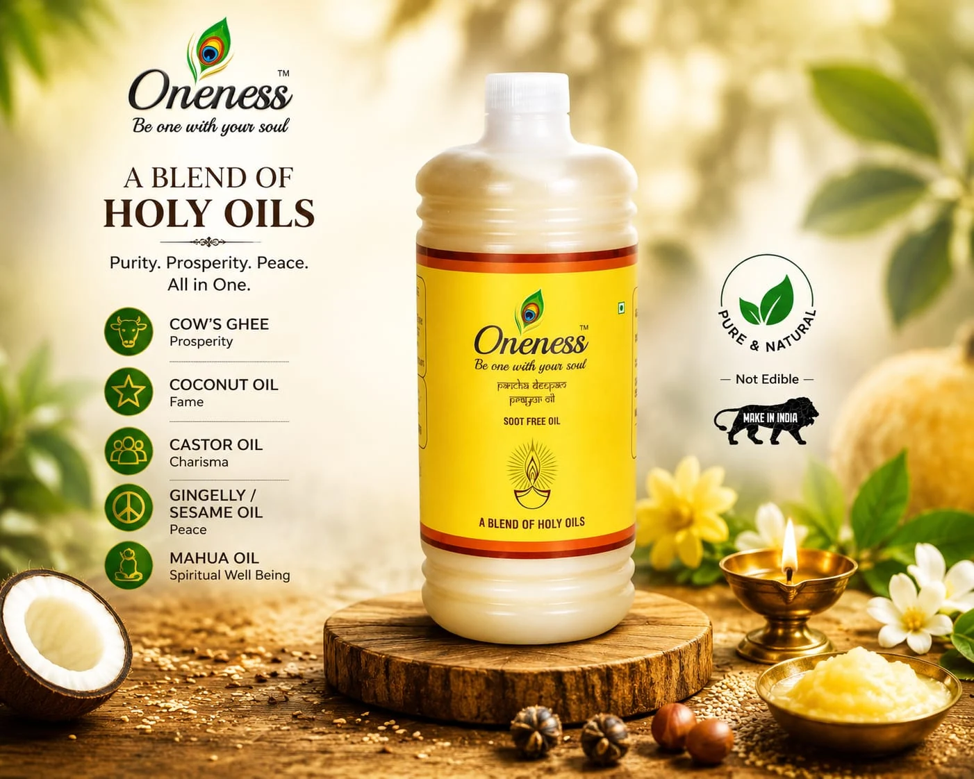 Oneness Pancha Deepam — A Blend of Holy Oils: cow's ghee, coconut, castor, gingelly / sesame and mahua. Pure & Natural, Made in India.