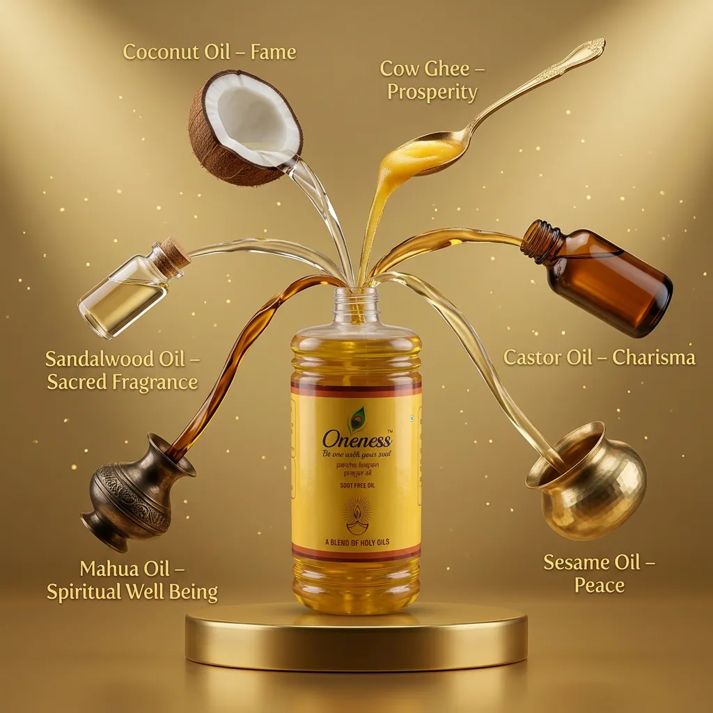 Oneness Pancha Deepam prayer oil with its five sacred oils pouring in — cow's ghee for prosperity, coconut for fame, castor for charisma, sesame for peace, mahua for spiritual well-being and sandalwood for sacred fragrance.