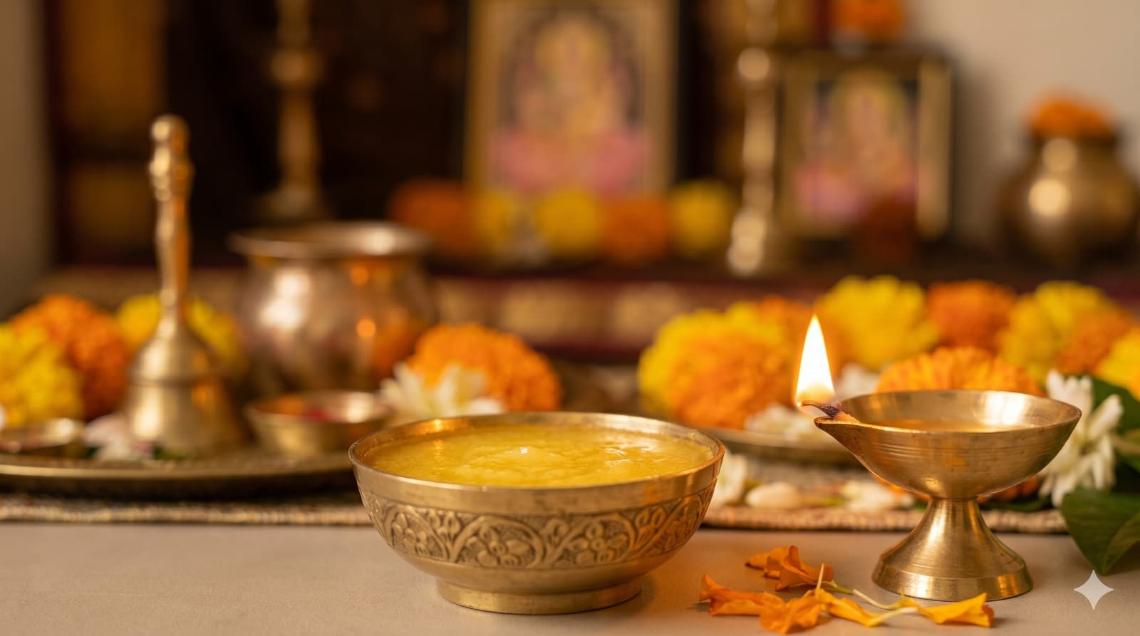 A brass diya lamp lit with cow's ghee for daily pooja