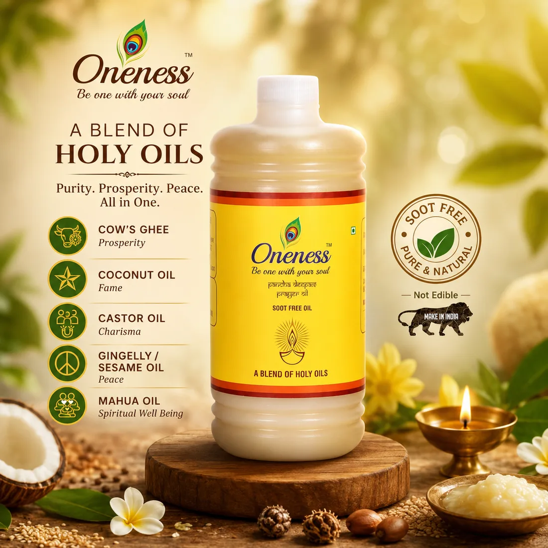 Oneness Pancha Deepam Prayer Oil — a blend of five holy oils, soot-free